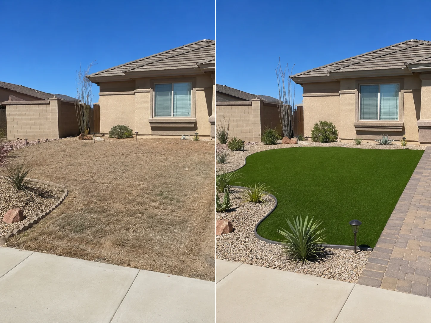 Dead lawn before artificial turf installation and the same Surprise yard after conversion