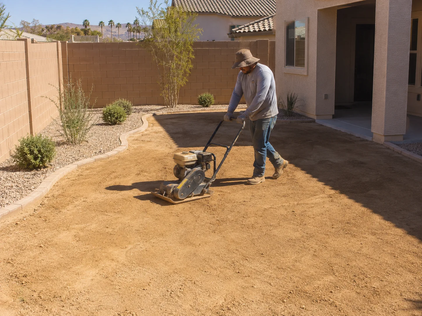 Crew compacting the base for an artificial turf installation in Surprise