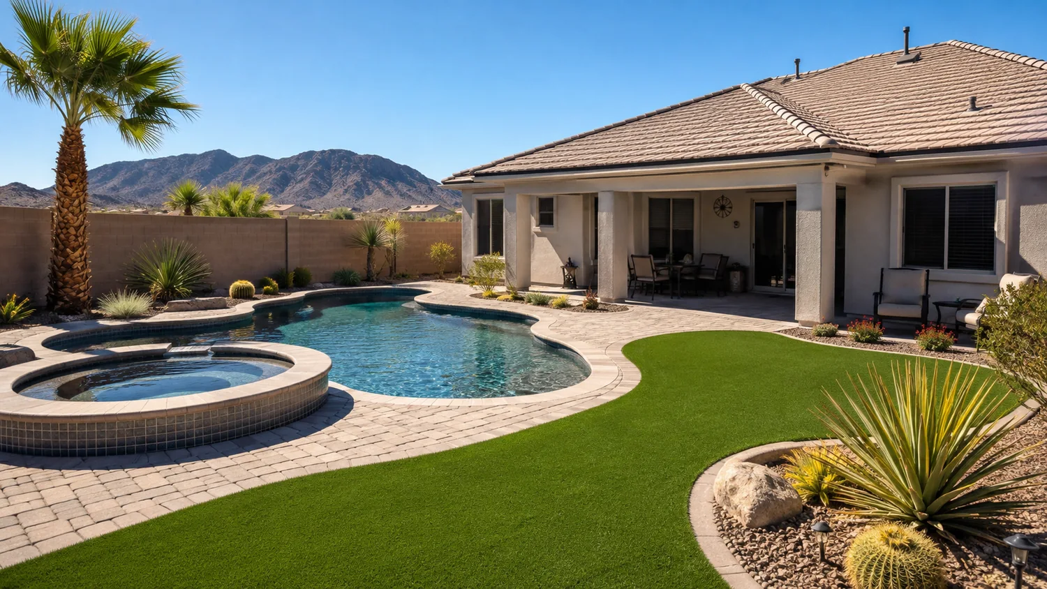 Backyard pool with artificial turf